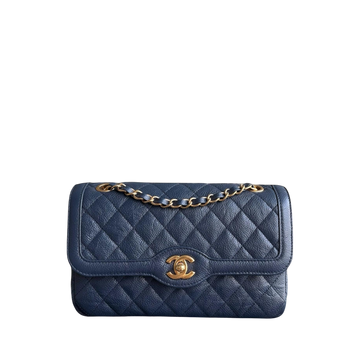 Chanel Two Tone Flap - 23CM Small Crumpled Grained CalBNkin Navy Blue Gold Series 21