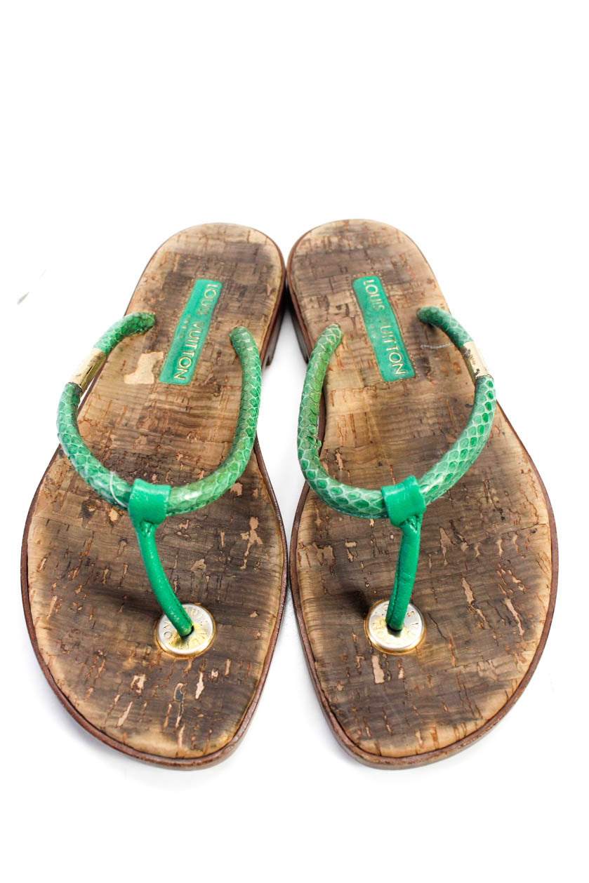 Louis Vuitton Women's T-Straps Gold Hardware Flip Flop Sandals Green