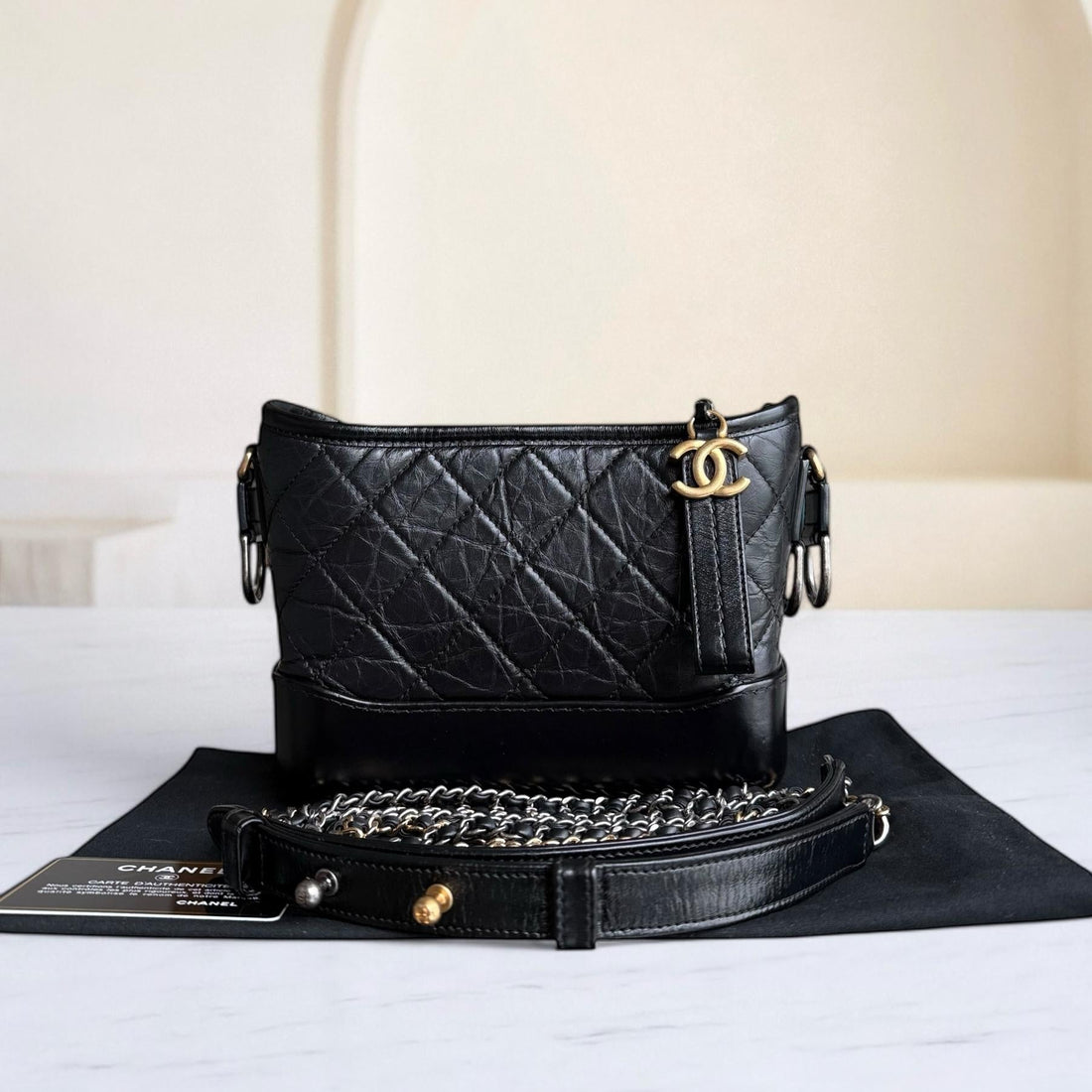 Chanel Gabrielle Small - Quilted Aged CalBNkin Black Two-tone Gold Hardware Series 24