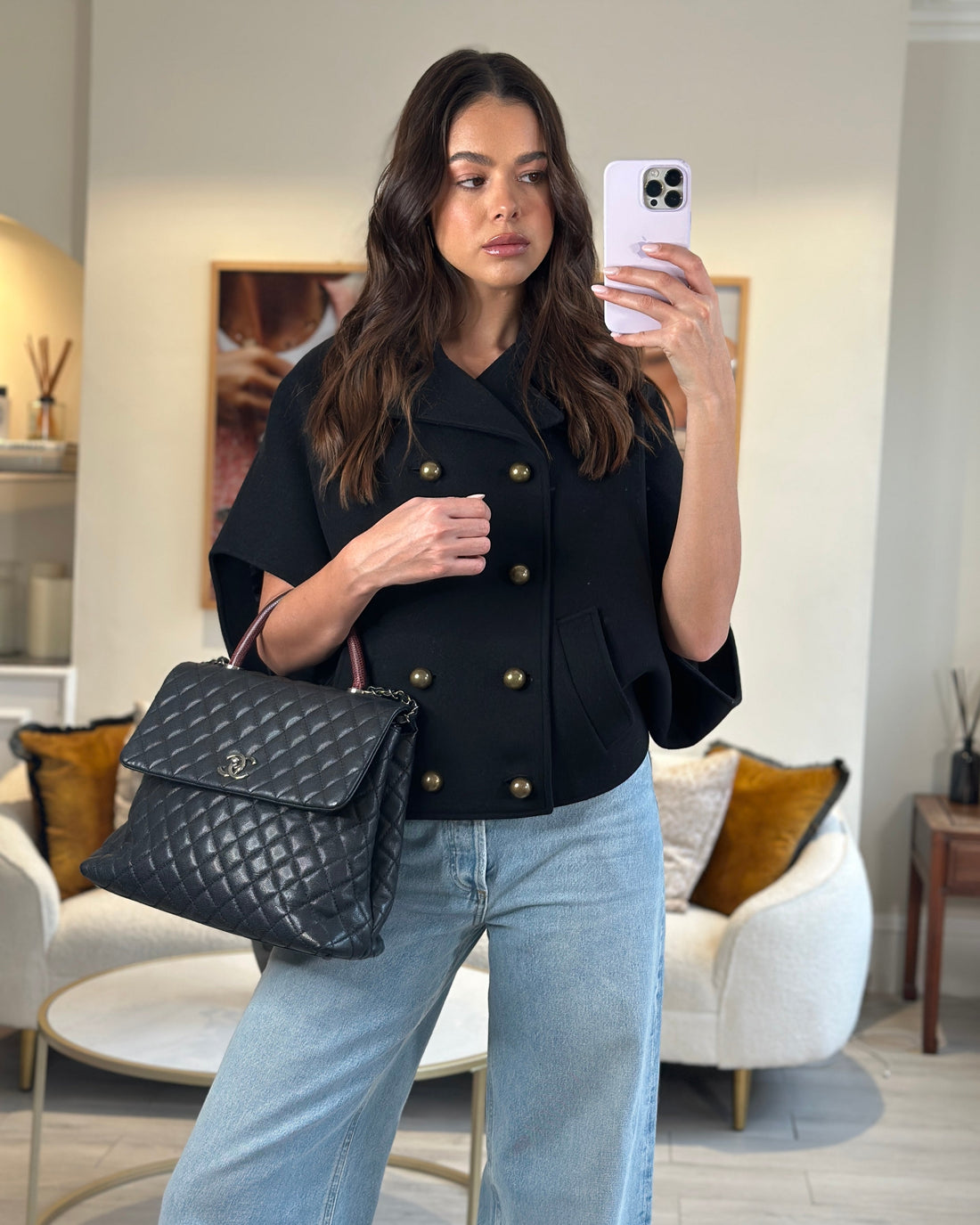 Pearl Street Bags Chanel Dark Grey Large Coco Top Handle Bag in Caviar Leather with Burgundy Python Handle and Ruthenium Hardware