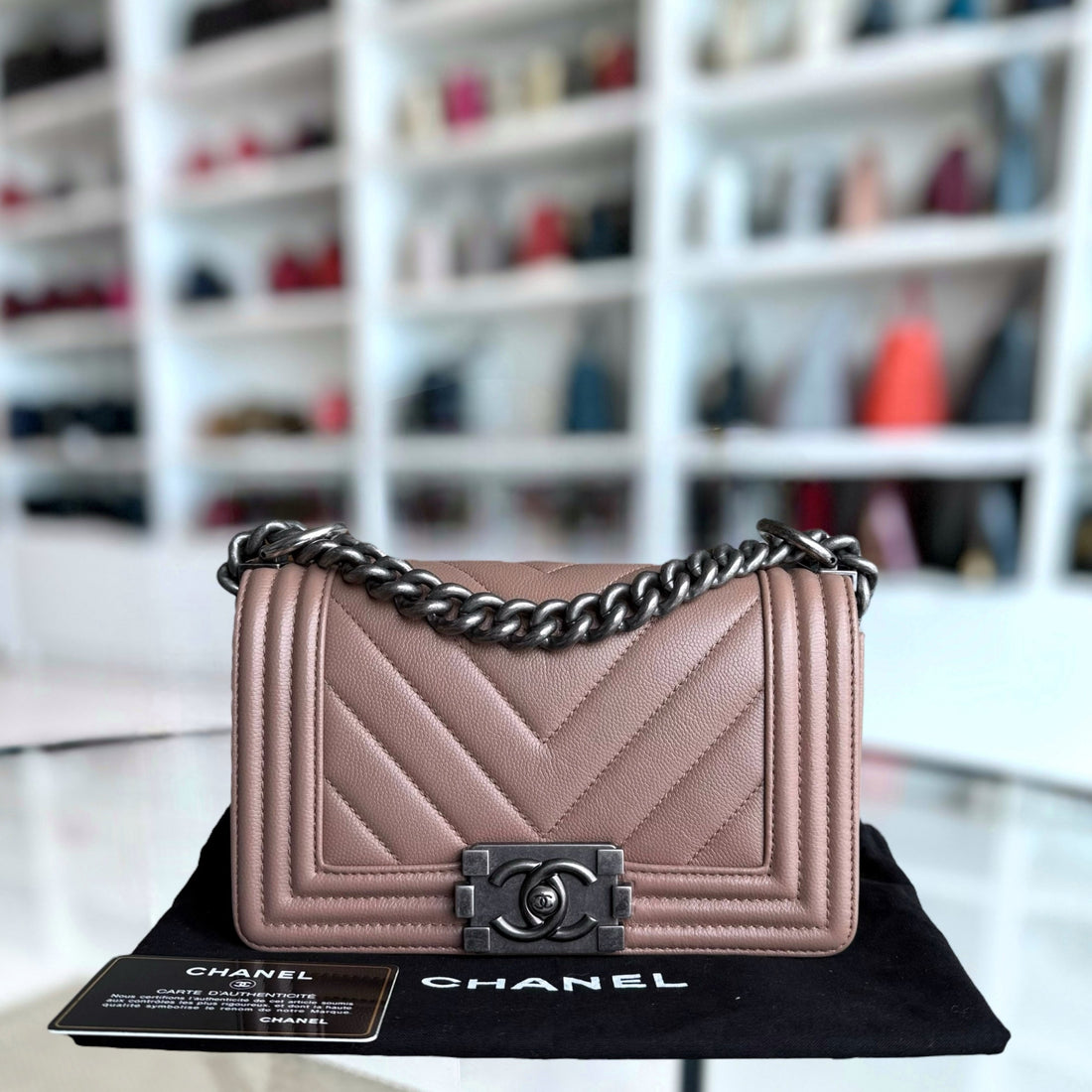 Chanel Boy Small - Togo/epsom/caviar/clemence/callfskin/cowhide/lambskin Chevron 23CM Dark Beige Blush Ruthenium Silver Hardware Series 24