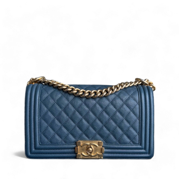 Chanel Boy Medium - Togo/epsom/caviar/clemence/callfskin/cowhide/lambskin 25CM Quilted Blue Gold Hardware Series 23