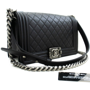 Chanel Boy Chain Shoulder Bag Black Quilted New CalBNkin Leather