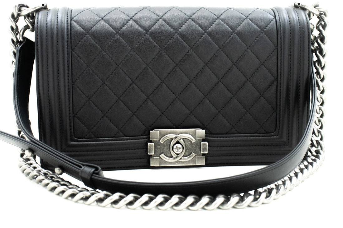 Chanel Boy Chain Shoulder Bag Black Quilted New CalBNkin Leather