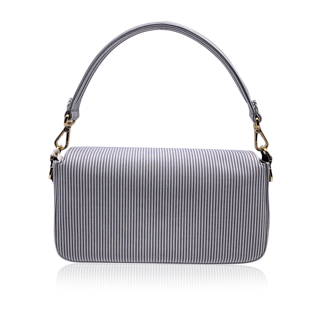 FENDI Light Grey Striped Cotton Bretagna Baguette Shoulder Bag
