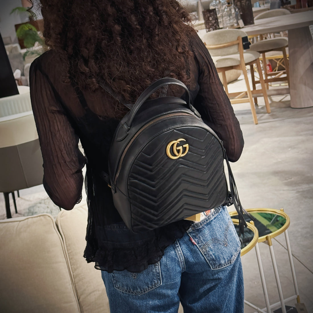 Gucci Matelasse GG marmont Chevron Quilted black leather backpack TWS