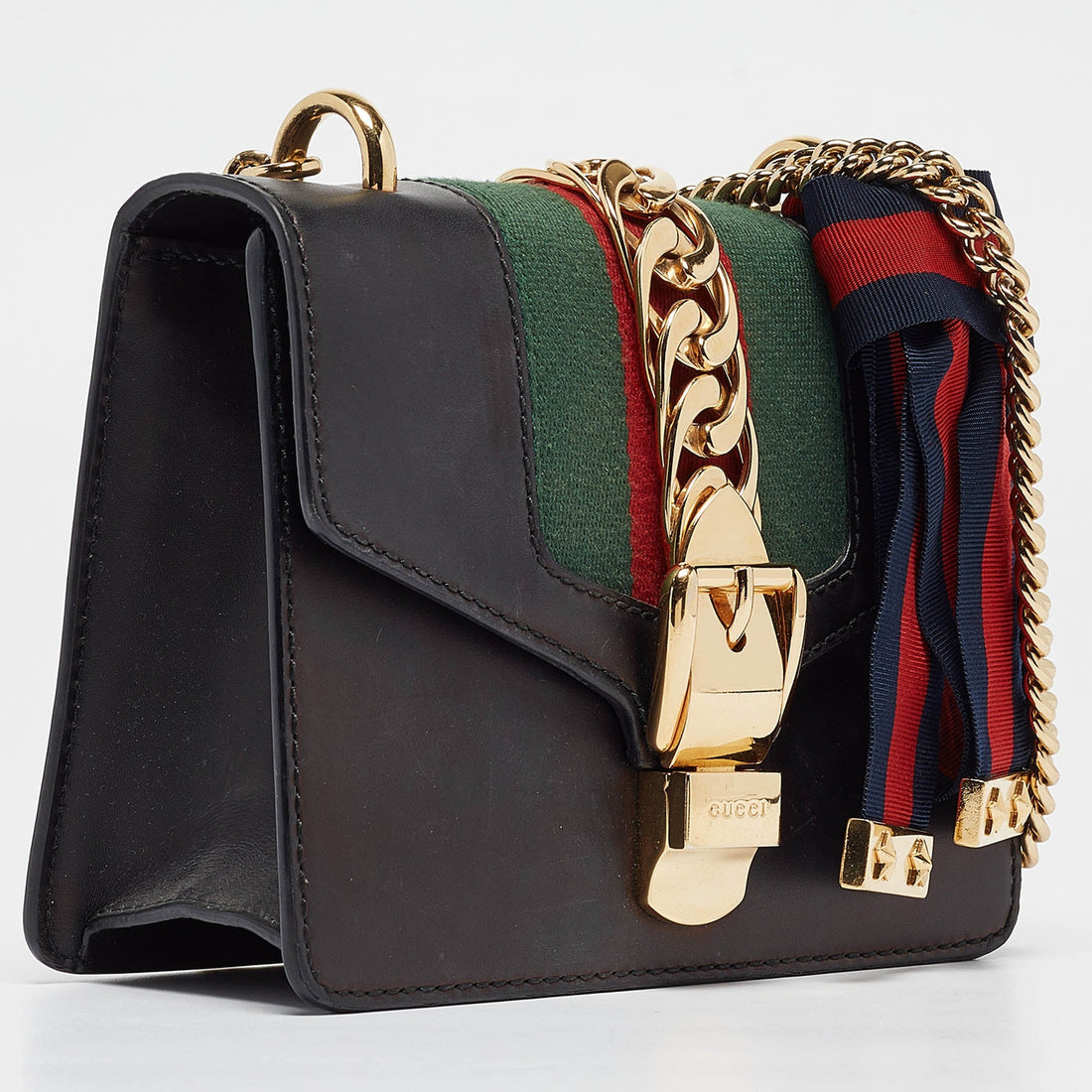 GUCCI Black Leather Mini Web Chain Sylvie Crossbody Bag