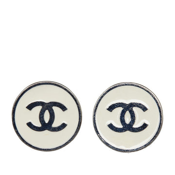 Chanel Coco Mark Enamel Earrings Silver White Metal
