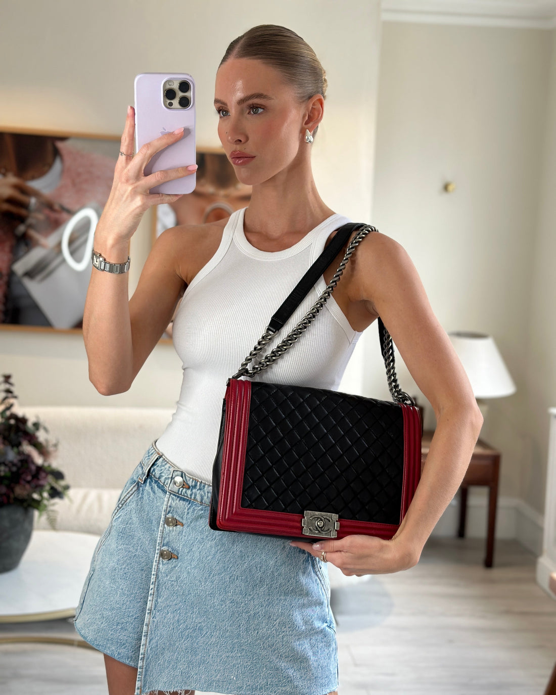 Pearl Street Bags Chanel Black & Red Large Boy Bag in Lambskin Leather with Ruthenium Hardware