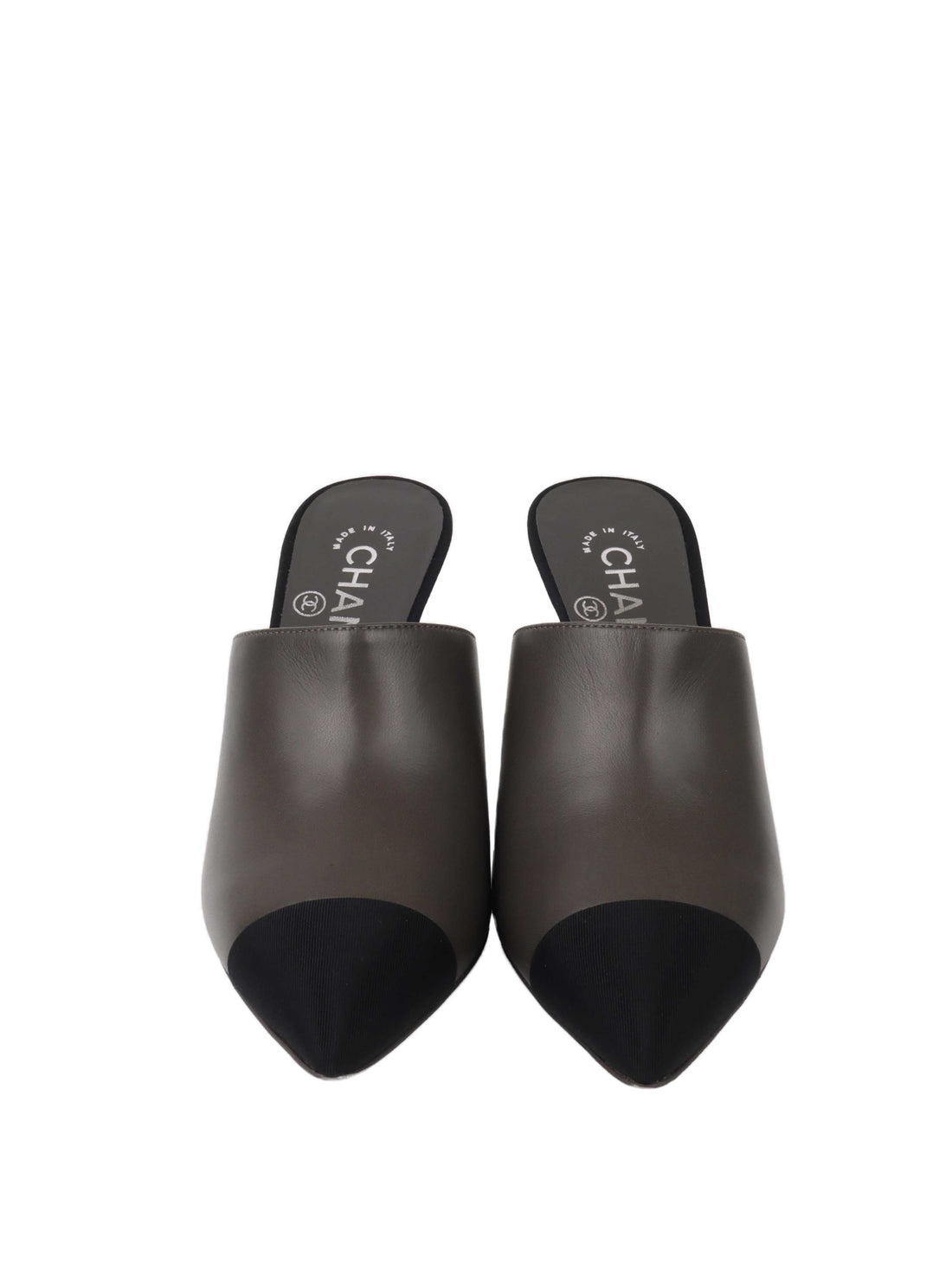 Chanel Black and Grey Mules with Pearl Heels Size 36.