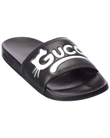 Gucci Kitty Logo Leather Slide