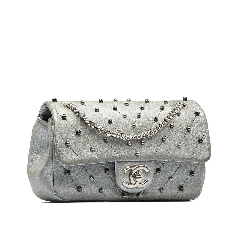 Chanel V Stitch Cocono mark Chain Shoulder Bag Silver Leather