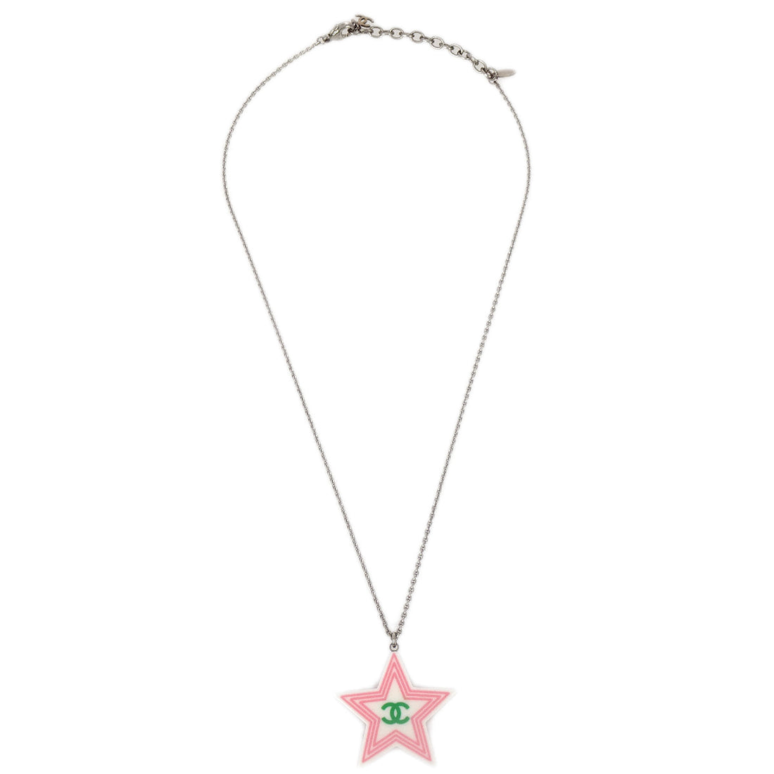 Chanel Star Chain Necklace Pendant Silver White 04C