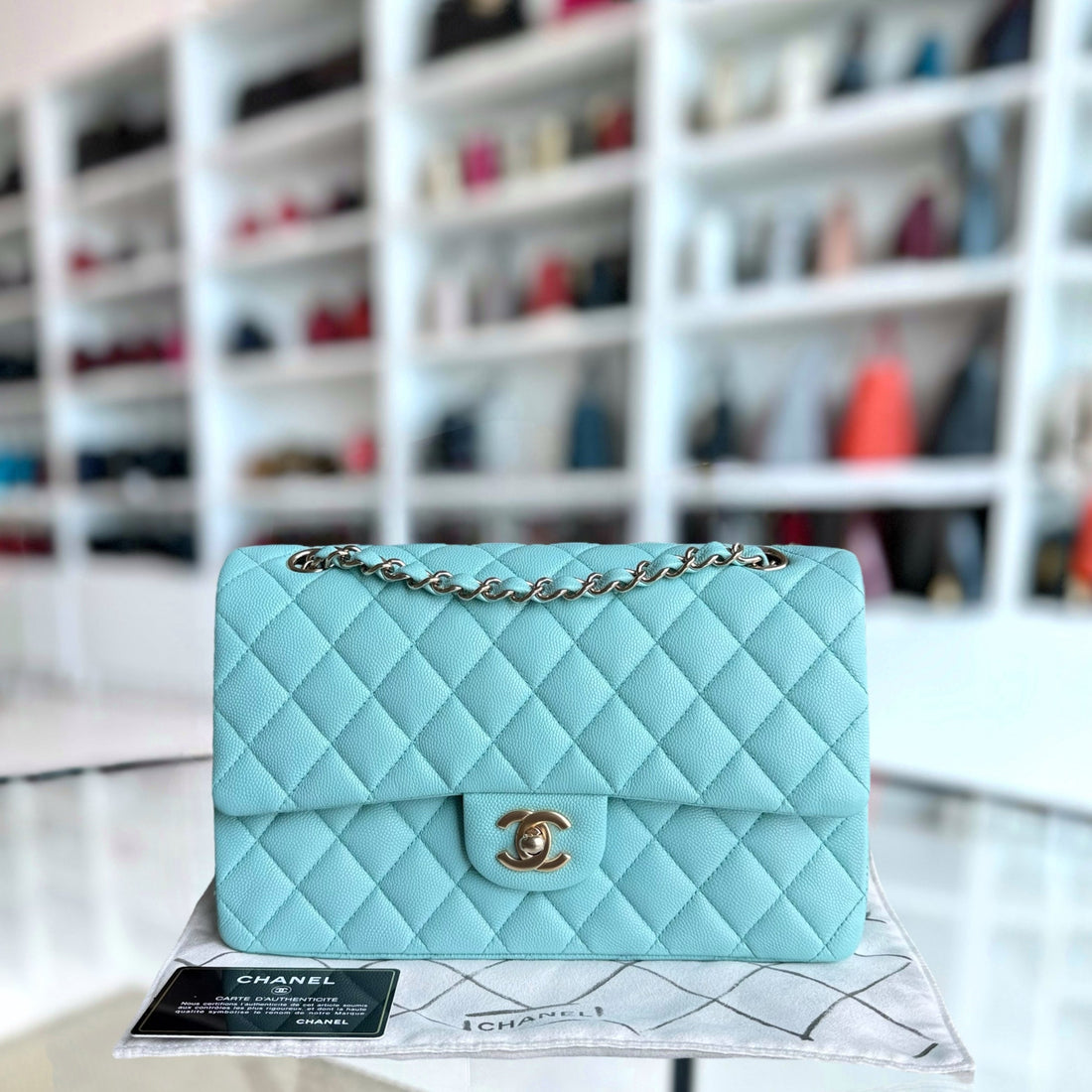 Chanel Classic Flap Medium - Togo/epsom/caviar/clemence/callfskin/cowhide/lambskin 25CM Quilted Light Blue Gold Hardware Series 26