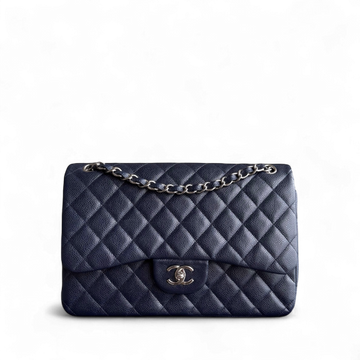 Chanel Classic Flap Jumbo - Togo/epsom/caviar/clemence/callfskin/cowhide/lambskin Double Flap 30CM Quilted Grained CalBNkin Dark Blue Silver Hardware Series 19