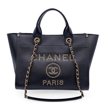 Chanel Black Caviar Leather Studded Deauville Tote Shoulder Bag