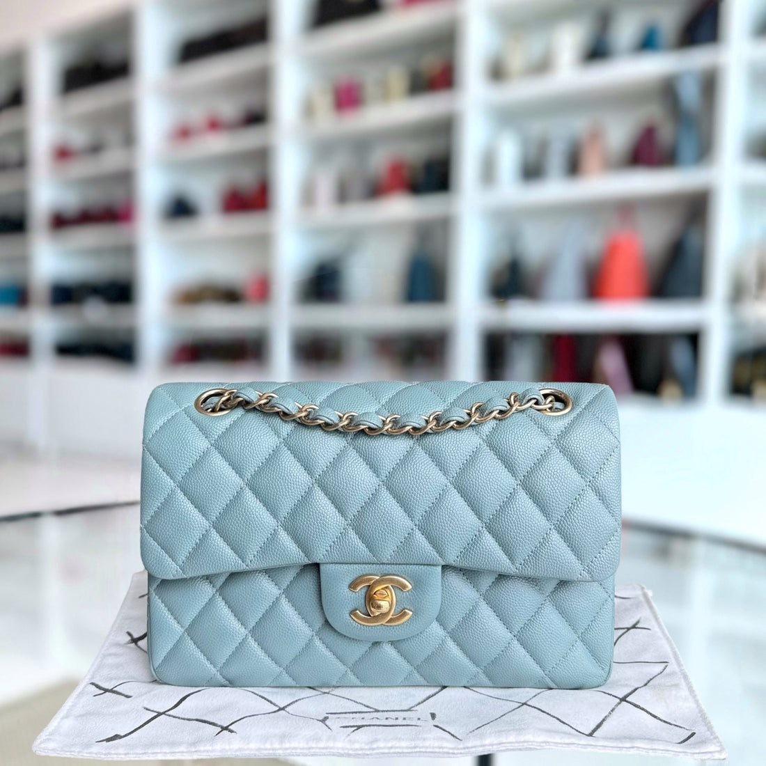 Chanel Classic Flap Small - Togo/epsom/caviar/clemence/callfskin/cowhide/lambskin 23CM Quilted Light Baby Blue Gold Hardware Series 25