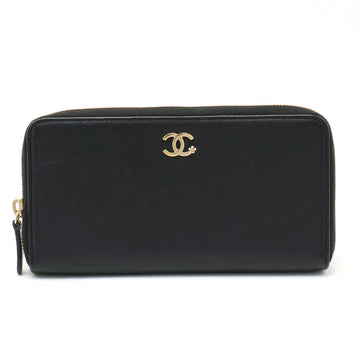 Chanel Lucky Flower Coco no mark Roundfather Long Wallet Leather Black Black Gold  A81657