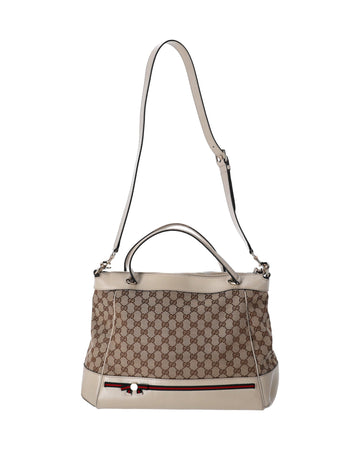 Gucci Mayfair Bow Large Top Handle Bag in Beige Canvas and White Leather