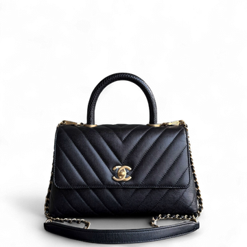 Chanel Coco Handle Small - Togo/epsom/caviar/clemence/callfskin/cowhide/lambskin Chevron Grained CalBNkin Black Gold Hardware Series 26