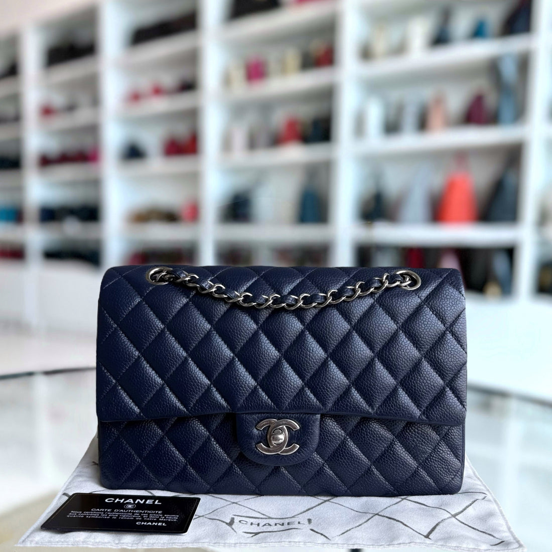 Chanel Classic Flap Medium - Togo/epsom/caviar/clemence/callfskin/cowhide/lambskin 25CM Quilted Dark Blue Silver Hardware Series 19
