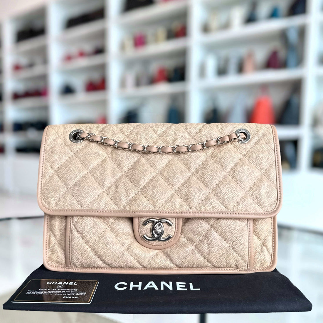 Chanel French Riviera Jumbo - Togo/epsom/caviar/clemence/callfskin/cowhide/lambskin 33CM Quilted Beige Silver Hardware Series 17