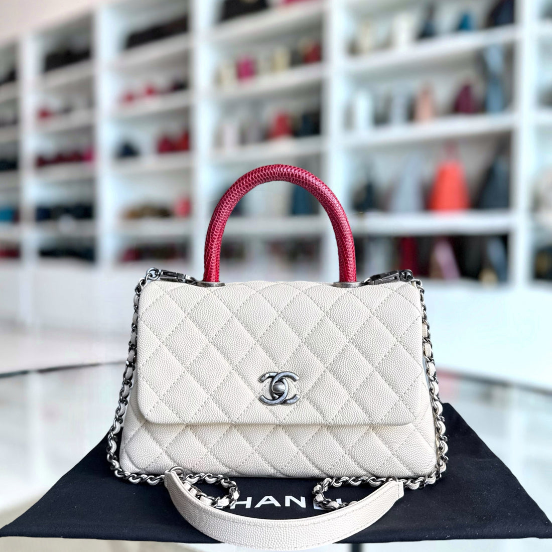 Chanel Coco Handle Small - Togo/epsom/caviar/clemence/callfskin/cowhide/lambskin Quilted Grained CalBNkin White Ruthenium Silver Hardware