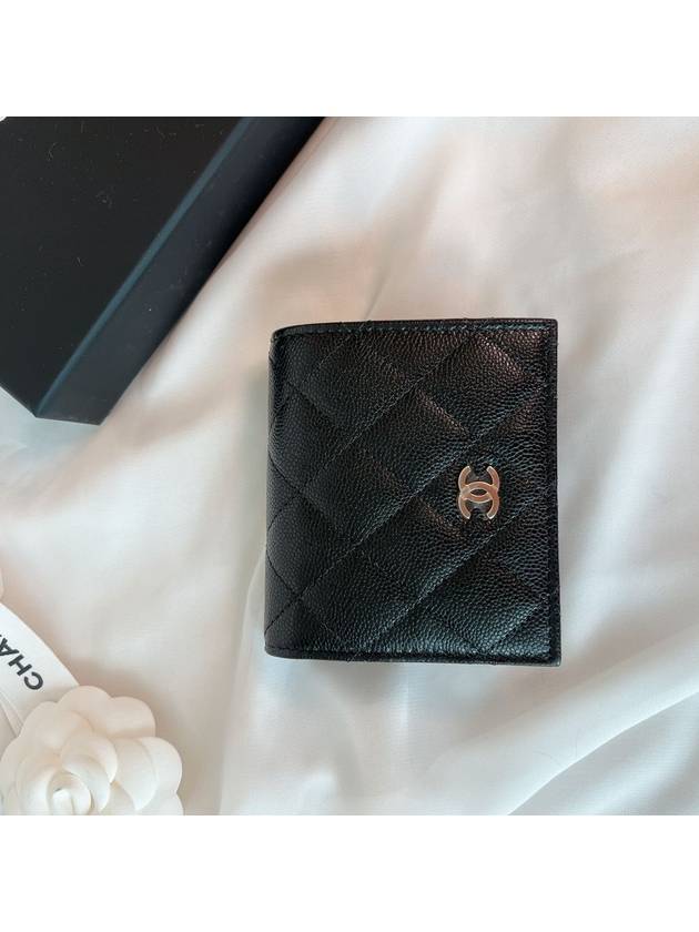 Classic Gold Hardware CC Logo Grained CalBNkin Half Wallet Black Chanel