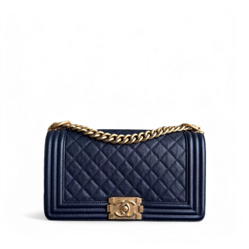 Chanel Boy Medium - Togo/epsom/caviar/clemence/callfskin/cowhide/lambskin 25CM Quilted Dark Blue Gold Hardware Series 25