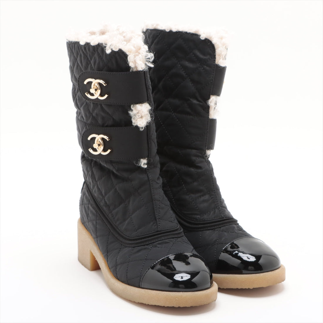 Chanel Coco  Leather X Fabric Short Boots 36  Black G36702 Double Turn Locks Insol Wool