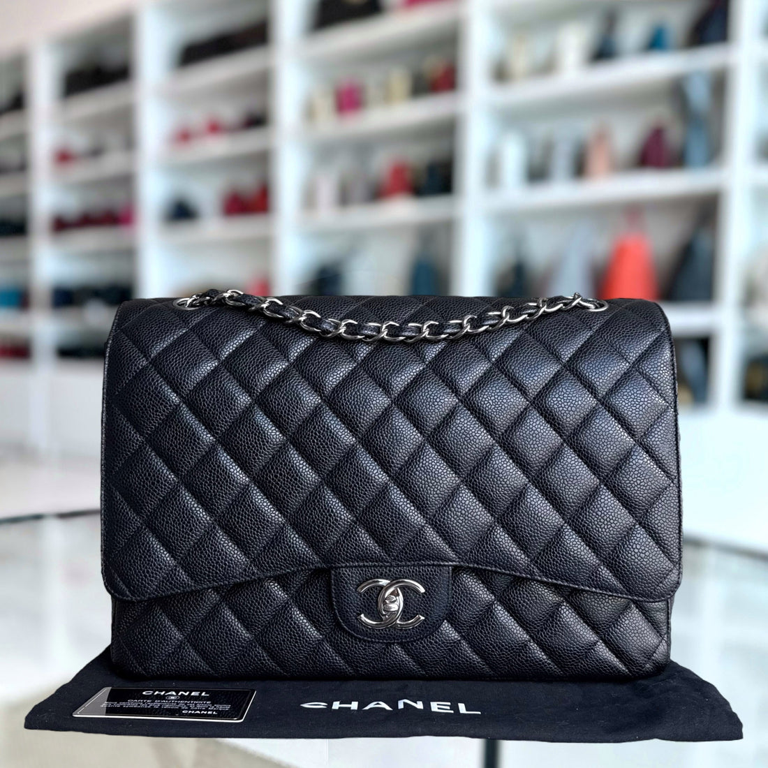 Chanel Classic Flap Maxi - Togo/epsom/caviar/clemence/callfskin/cowhide/lambskin Double Flap 33CM Quilted Black Silver Hardware Series 15