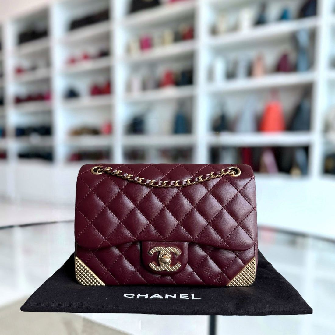 Chanel Classic Flap Rock The Corner - Quilted 20CM CalBNkin Dark Burgundy Gold Hardware Series 24