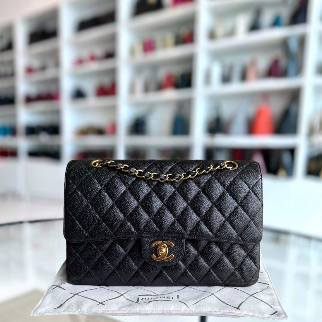 Chanel Classic Flap Medium - Togo/epsom/caviar/clemence/callfskin/cowhide/lambskin 25CM Quilted Black Gold Hardware Series 10