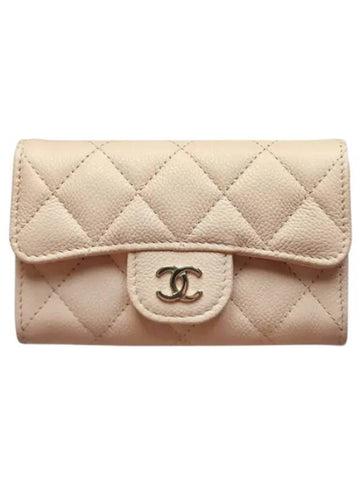 Classic Gold Logo Grained Shiny Calfskin Card Wallet  Beige Chanel