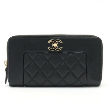 Chanel Mademoiselle Mattress Cocono mark Roundfather Long Wallet Black Black Gold  A80969