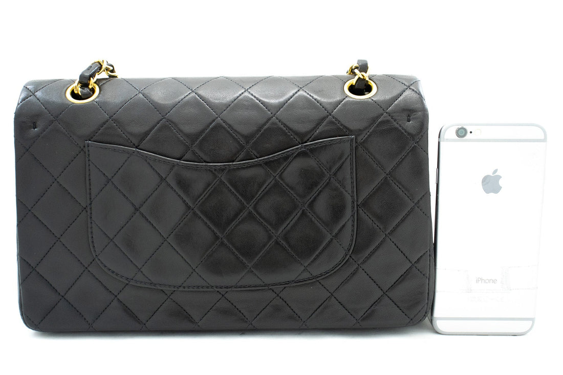 CHANEL Classic Double Flap 10" Chain Shoulder Bag Black Lambskin k04