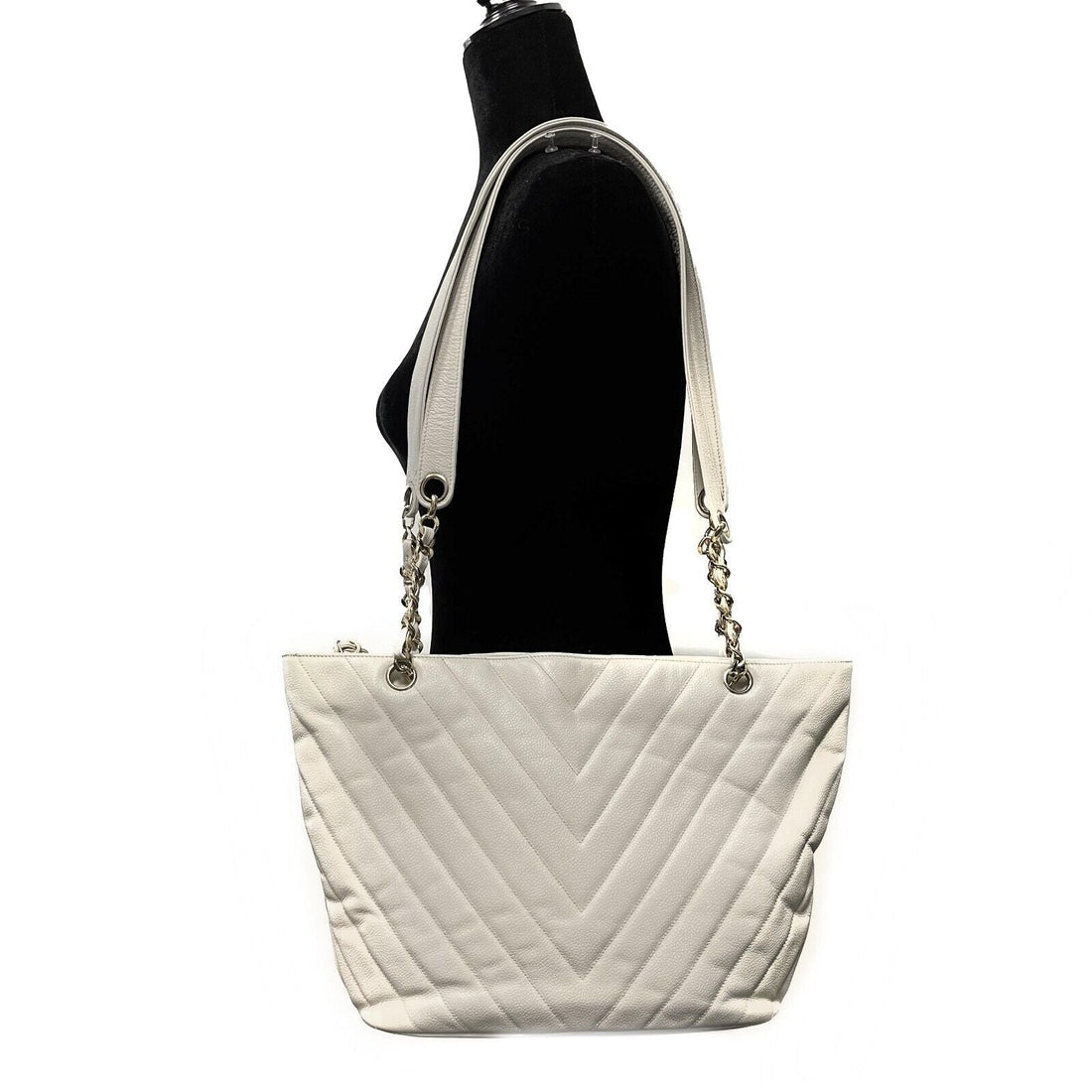 Top Quality Chanel -  1994 White Leather Small Chevron Tote / Shoulder Bag