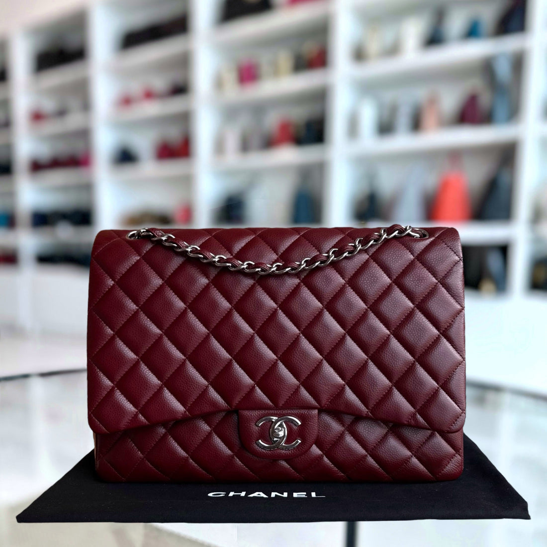 Chanel Classic Flap Maxi - Togo/epsom/caviar/clemence/callfskin/cowhide/lambskin Double Flap 33CM Quilted Grained CalBNkin Burgundy Dark Red Silver Hardware Series 15