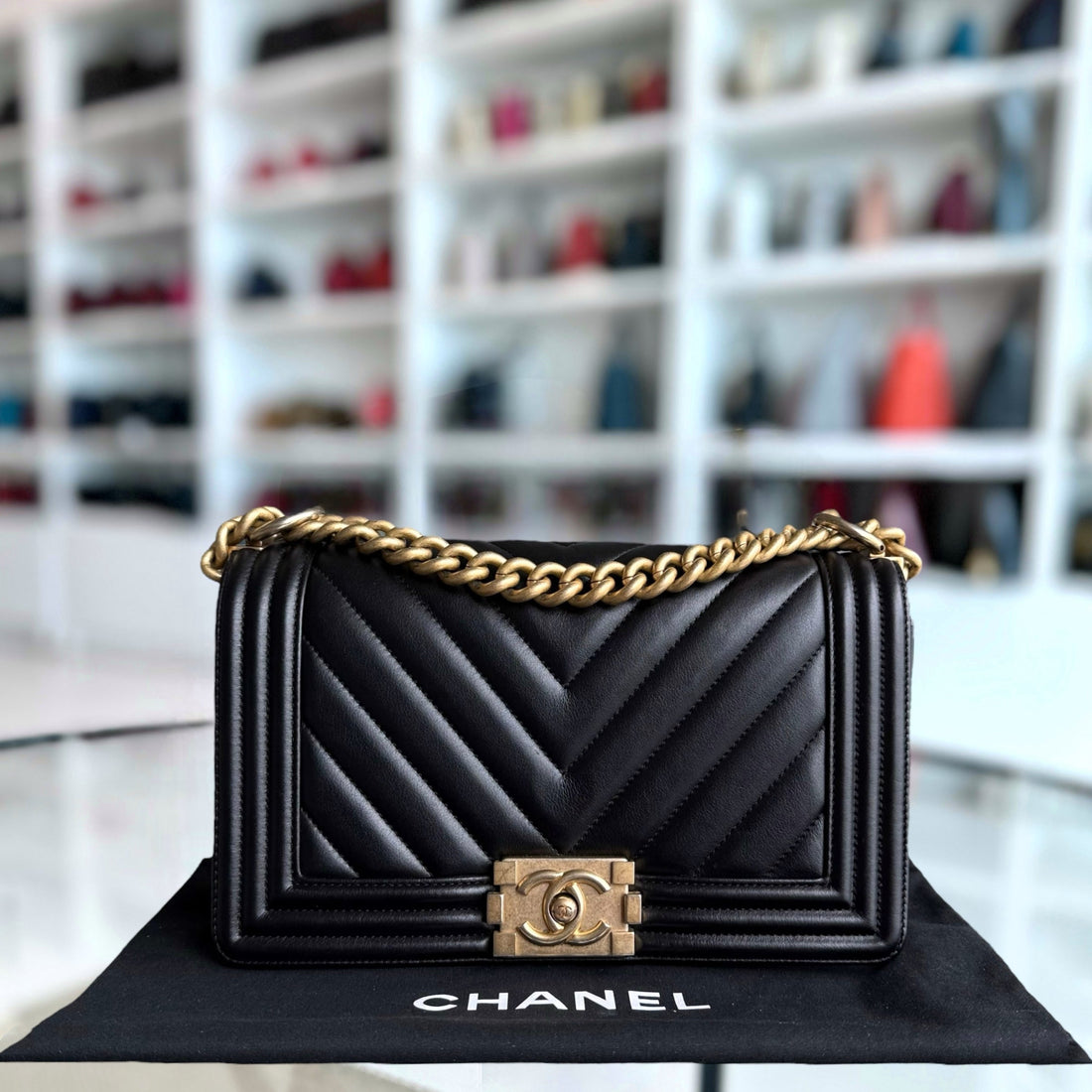 Chanel Boy Medium - 25CM Chevron CalBNkin Black Aged Gold Hardware Series 25