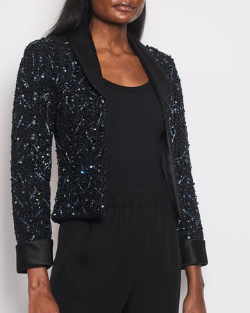 *HOT* Pearl Street Bags Chanel Black and Blue Sequin Embellished Jacket with Satin Collar Detail Size FR 34 (UK 6)