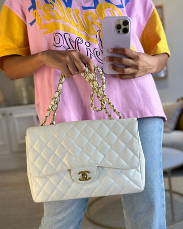 Chanel  White Jumbo Classic Single Flap Bag in Caviar Leather with 24K Gold Hardware RRP £9,240