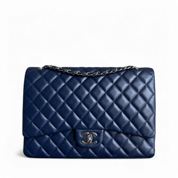 Chanel Classic Flap Maxi - Togo/epsom/caviar/clemence/callfskin/cowhide/lambskin Double Flap 34CM Quilted Dark Blue Silver Hardware Series 15