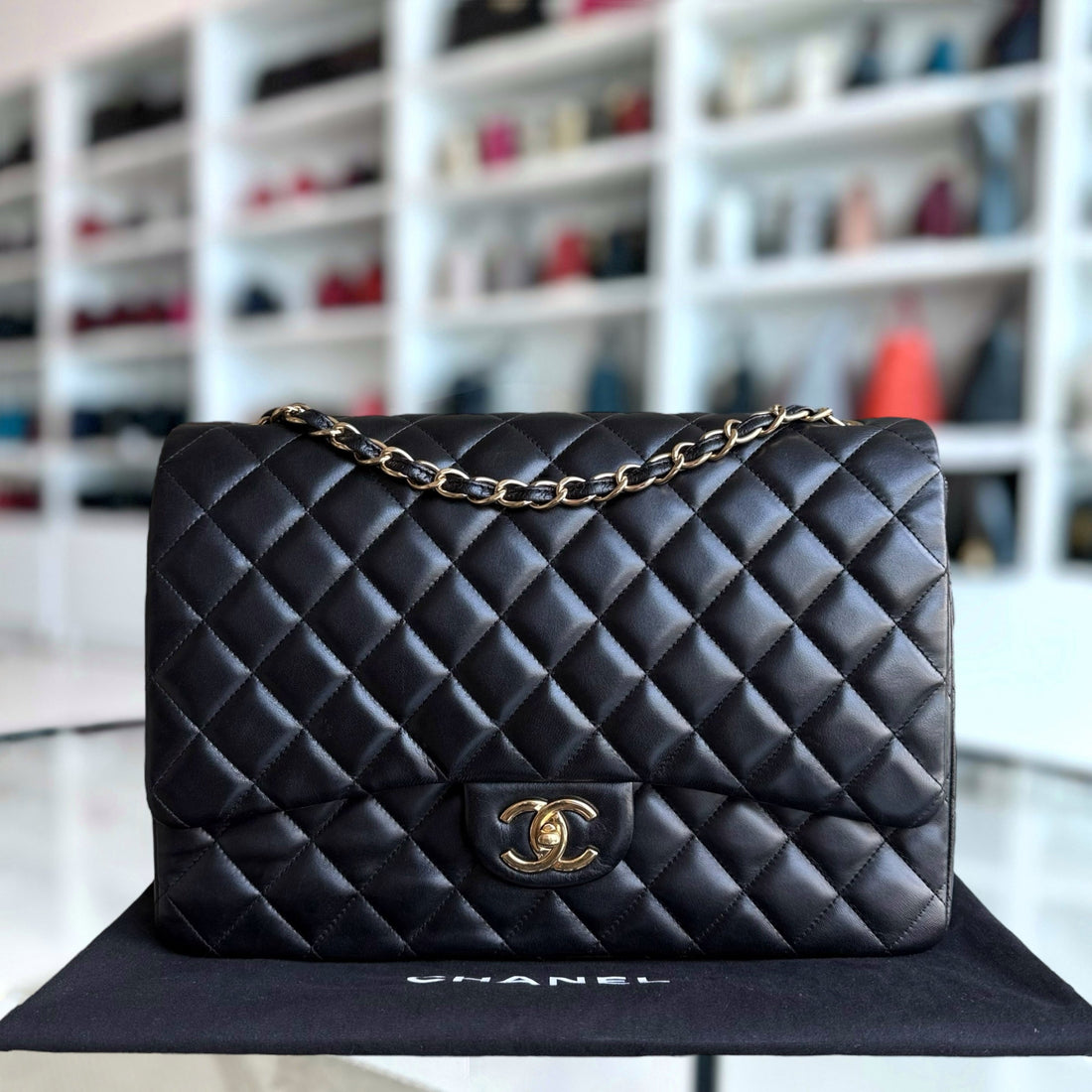Chanel Classic Flap Maxi - Double Flap 33CM Quilted Lambskin Black Gold Hardware Series 14