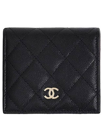 Classic Gold Hardware CC Logo Grained CalBNkin Half Wallet Black Chanel