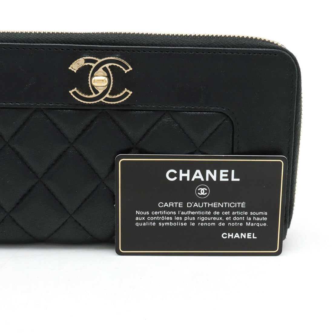 Chanel Mademoiselle Mattress Cocono mark Roundfather Long Wallet Black Black Gold  A80969
