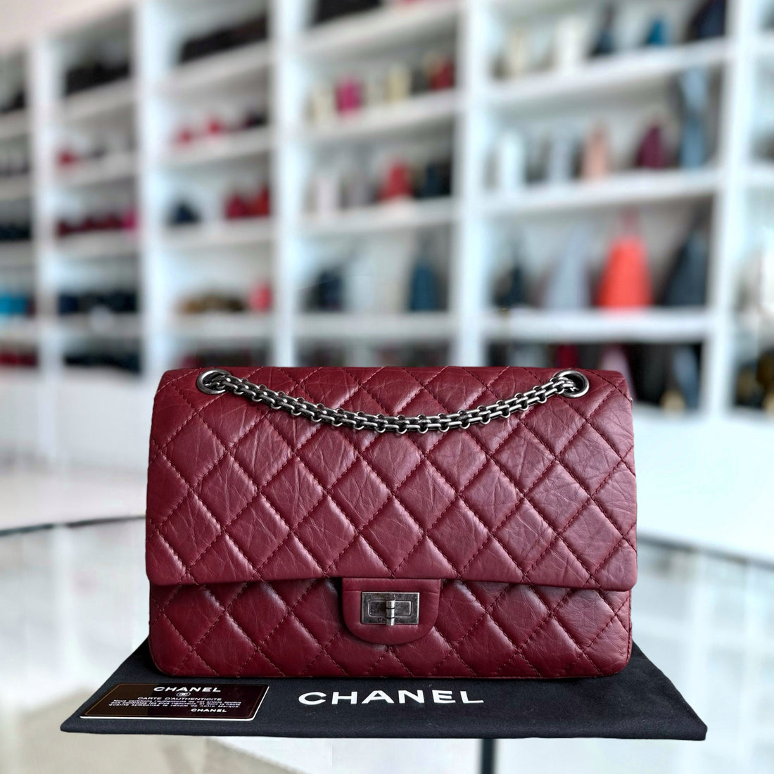 Chanel 2.55 Reissue 226 Medium - 28CM Quilted Aged CalBNkin Burgundy Dark Red Ruthenium Silver Hardware Series 12