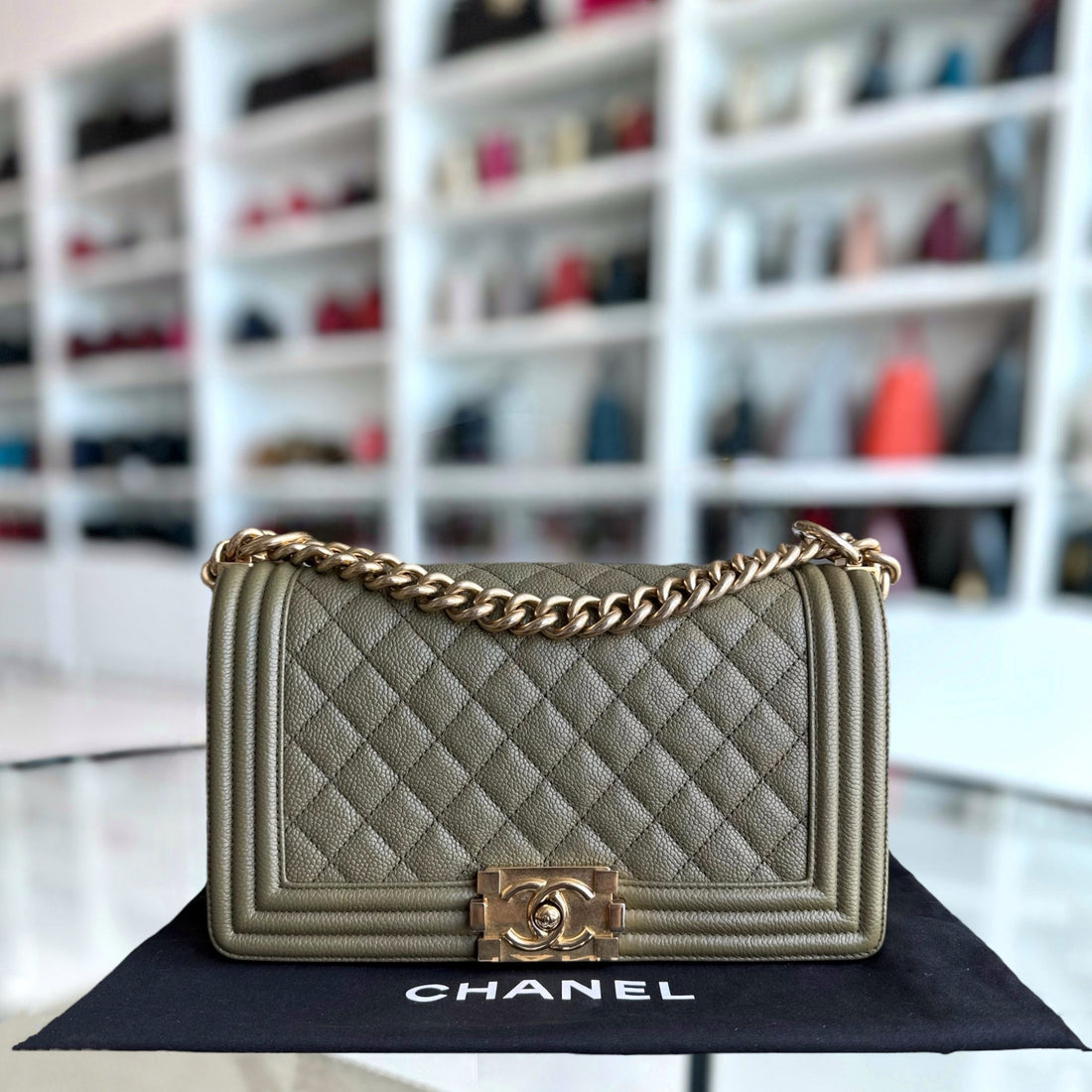 Chanel Boy Medium - Togo/epsom/caviar/clemence/callfskin/cowhide/lambskin 25CM Quilted Green Gold Hardware