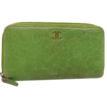 Chanel Camelia Long Wallet Leather Green CC Auth