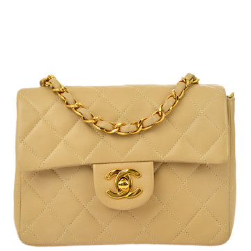 Chanel * Beige Lambskin Mini Classic Square Flap Shoulder Bag 17