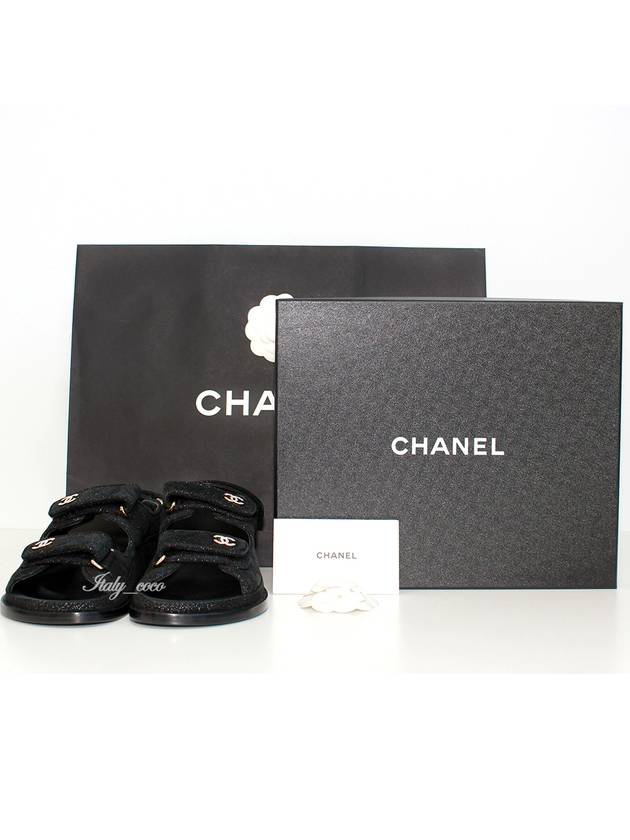 CC Logo Velcro Suede Kidskin Sandals Black Chanel